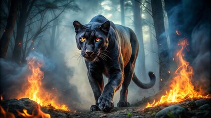 The shadows of the forest come alive as a panther's form takes shape, its body composed of shifting darkness and mist, its eyes burning bright with an ancient, primal power.