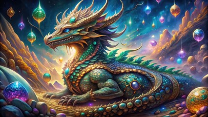 Majestic dragon sprawls across a mystical, gemstone-encrusted canvas, its scales shimmering with an ethereal glow in this fantastical, vibrant, and intricately detailed artistic masterpiece.
