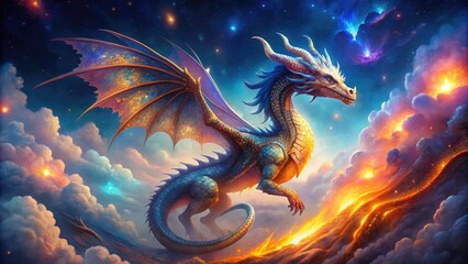 Majestic dragon with iridescent scales and fiery breath soars above whimsical, starry night sky, surrounded by swirling mist and shimmering magical aura.