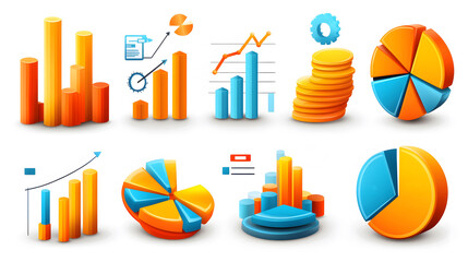 Business Data Overview: A vector illustration showcasing an assortment of business data graphs, including pie and bar charts, on a white background.