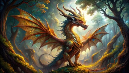 Majestic dragon with scales shimmering in hues of gold and crimson, wings outstretched, surrounded by mystical mist and ancient, gnarled trees.