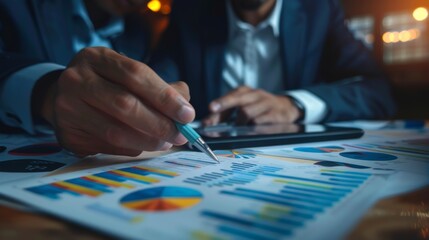 Business Professional Discussing Planning and Analysis with Charts and Graphs in a Modern Office