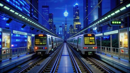 Obraz premium Two Trains Facing Each Other in a City Subway Station at Night