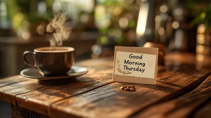A Minimalist 3D Rendered Note with  Good Morning Thursday  on Wooden Table with Coffee Cup
