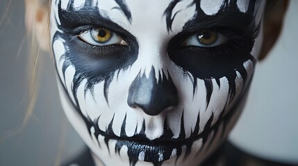 A detailed shot of a model's spooky face paint with clean sharp lines