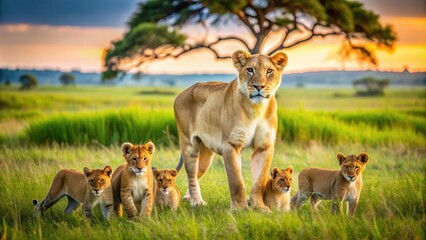 Majestic lioness and playful cubs roam freely in the sun-drenched savannah, surrounded by lush green grass and acacia trees, showcasing their natural habitat.