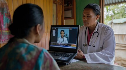 Asian doctor guiding local health worker in remote clinic through telehealth consultation