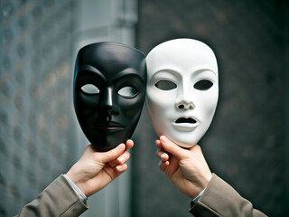 Hand holding theater black and white mask