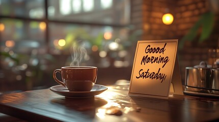 Peaceful Saturday Morning with Sunlit Coffee and Sticky Note