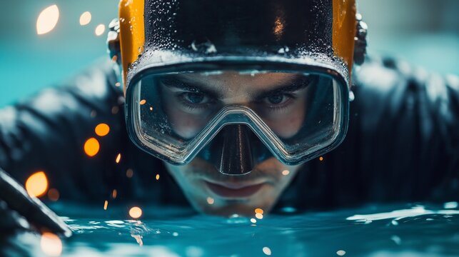 Close-up of focused underwater welder with sparks. Industrial diving, marine engineering, underwater welding, extreme occupations, safety gear, technical expertise concept.