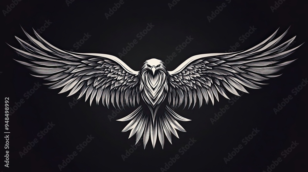 Poster detailed black and white illustration of an eagle in flight with spread wings