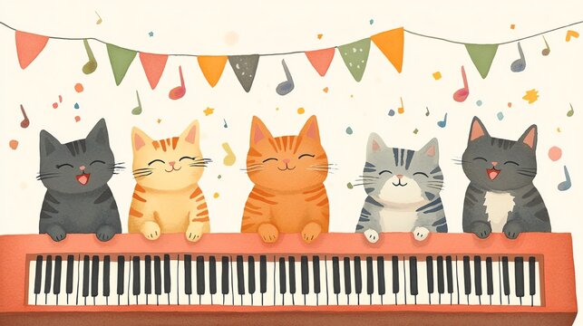 Five adorable cats playing music on a piano with confetti and bunting.