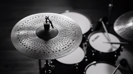Obraz premium Close-Up of a Detailed Drum Cymbal with Blurred Kit Background