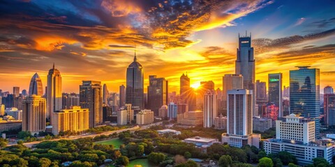 Fototapeta premium Vibrant city skyline with colorful sunset casting a warm glow over modern buildings , cityscape, sunset, vibrant, city