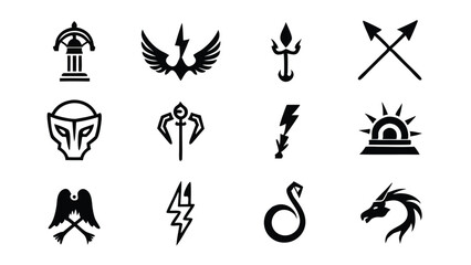 A set of 12 ancient mythology icons in a line style.