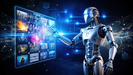 Naklejka premium An Advanced Robot Interacting with a Digital Interface Displaying Multiple Images