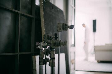 Film set, monitors and modern shooting equipment.