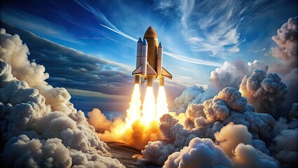 Obraz premium Majestic shuttle rocket blasts off into a brilliant blue sky, surrounded by swirling clouds of smoke, symbolizing innovative ideas and successful endeavors taking flight.