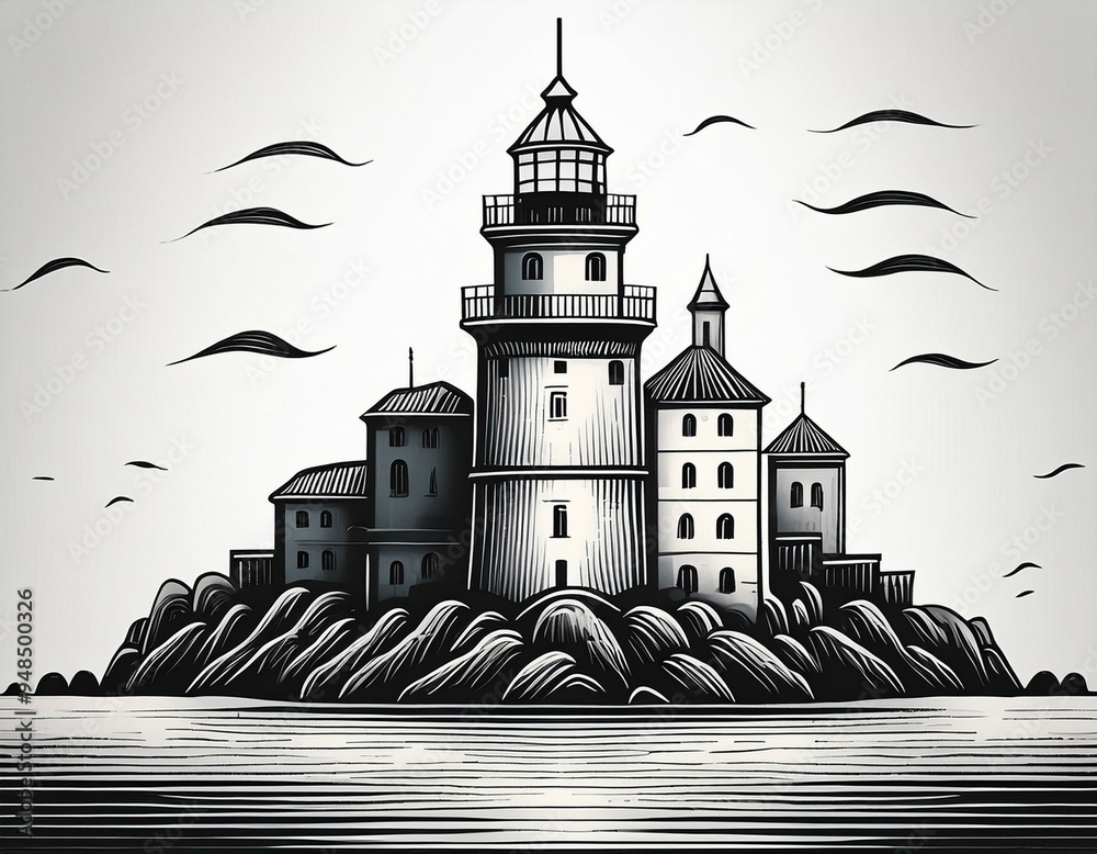 Wall mural lighthouse and buildings