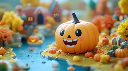 Obraz premium Pumpkin with Scary Smile: A 3D isometric view of a cartoon pumpkin with a scary smile, set in a fun and spooky Halloween landscape.