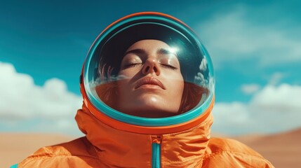 A woman in an orange spacesuit with a clear helmet meditates under a vibrant blue sky, reflecting inner peace and exploration of the unknown in a surreal, open landscape.