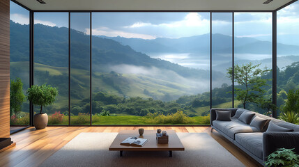 A living room with a large window overlooking a mountain range