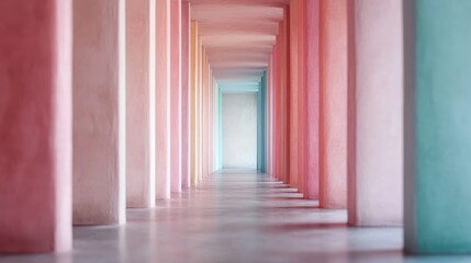 Obraz premium A hallway lined with columns painted in pastel colors, giving off a serene and calming ambiance, perfect for a peaceful and tranquil atmosphere with artistic flair.