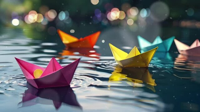 Several colorful paper boats float in the middle of the lake with a bokeh effect background. Seamless 4K looping timelapse video animation background