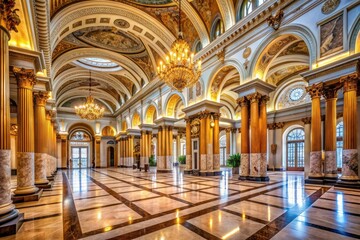 Fototapeta premium Marble Majesty: Grand room featuring polished marble floors, towering columns, and high arched ceilings.
