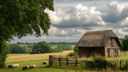 Fototapeta premium 71. **A traditional farm scene with a thatched-roof barn and grazing sheep.
