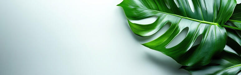 Monstera leaf with its iconic split and perforated design gracefully placed on a pearl white background. The minimalist composition is enhanced by soft lighting that casts gentle shadows, creating a s