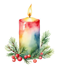 Watercolor Christmas candle with holly leaves and christmas tree branches isolated on transparent background. New Year festive decoration for poster, textile, greeting card, flyer, postcard.
