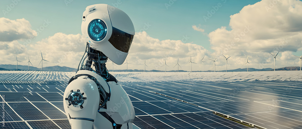 Poster A futuristic robot monitoring a vast solar and wind energy farm, symbolizing the integration of advanced technology in renewable energy management under a partly cloudy sky.