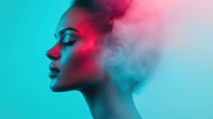 A woman’s profile blends into a surreal mix of blue and red fog, creating a striking visual contrast that accentuates her serene expression and ethereal presence.