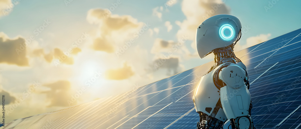 Poster a sophisticated robot working in a cutting-edge renewable energy farm, showcasing advanced technolog