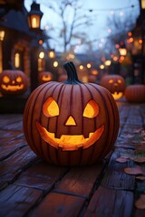 Obraz premium Halloween Pumpkin Parade: A 3D animated scene featuring multiple cartoon pumpkins, each with unique expressions, set in a spooky Halloween environment.