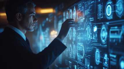 Executive interacting with an advanced touch screen with a futuristic interface, virtual tech