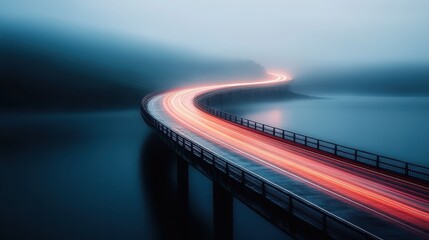 A stunning long exposure photograph of a curving bridge with brilliant red light trails from vehicles, crossing over tranquil water amidst a misty, muted blue landscape.