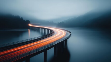 A captivating curved bridge with vibrant orange light trails stretches over calm waters, enveloped in a foggy, blue-toned landscape, evoking a feeling of peace and mystery.