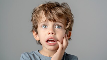 little boy presses hand to cheek, suffers from pain in tooth isolated on gray studio background. Teeth decay, dental problems, child emotions and facial expression