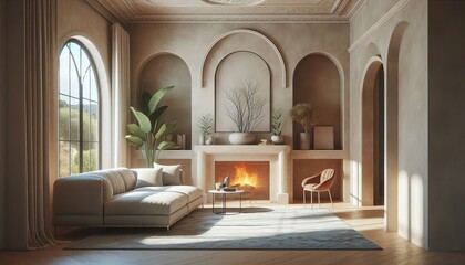 Beige sofa with plaid and fur cushion against of fireplace. Hygge, scandinavian interior design of modern living room