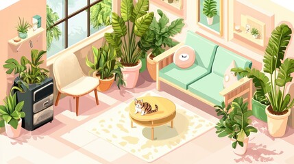 Charming isometric interior with kawaii aesthetics. Features pastel-colored walls, a cat, simple furniture, and lush plants for a cozy feel.