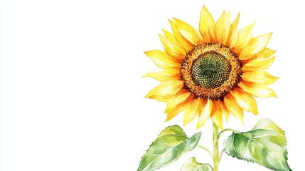 Obraz premium A single sunflower with watercolor-style leaves and blossoms, beautifully contrasted on a white background.