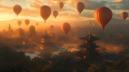 Naklejka premium Hot air balloons soaring above Kyoto's traditional temples, gardens, and geisha culture, in daylight..