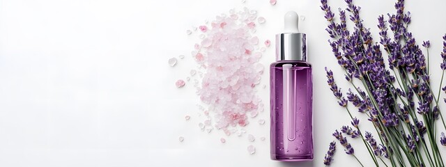 A bottle of purple serum with lavender flowers and pink sea salt on a white background, flat lay, top view, stock photo, aesthetic beauty concept, flat-lay photography,