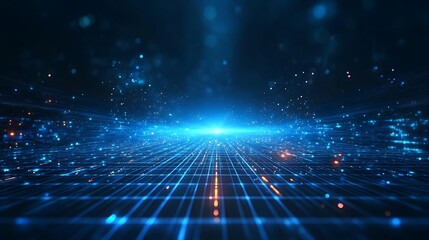 A futuristic digital landscape with glowing blue grid lines and sparkling particles, depicting technology and innovation.
