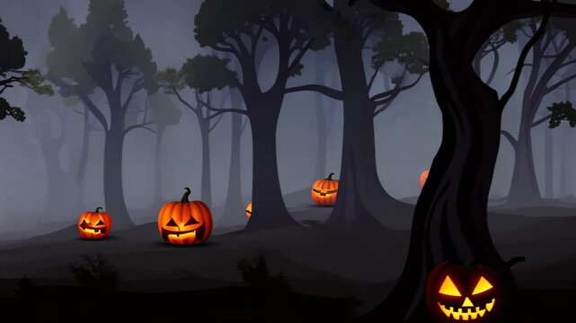 A shadowy forest, where carved pumpkins with menacing, glowing faces illuminate the darkness. A thick mist swirls, heightening the chilling Halloween ambiance.
