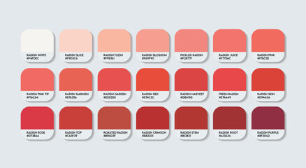 Radish Color Palette, Radish Red Color Guide Palette with Color Names. Catalog Samples of Red Metal colors with RGB HEX codes. plastic, paint, Radish red colour, Fashion Trend Radish Color shade tones