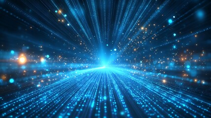 Abstract blue digital light rays and particles forming a dynamic futuristic background. Suitable for technology, innovation and science themes.