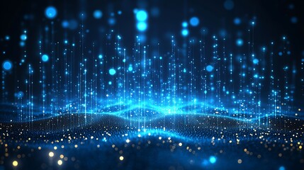 Obraz premium Abstract blue digital wave with bright data points, representing futuristic technology and analytics in a digital space.
